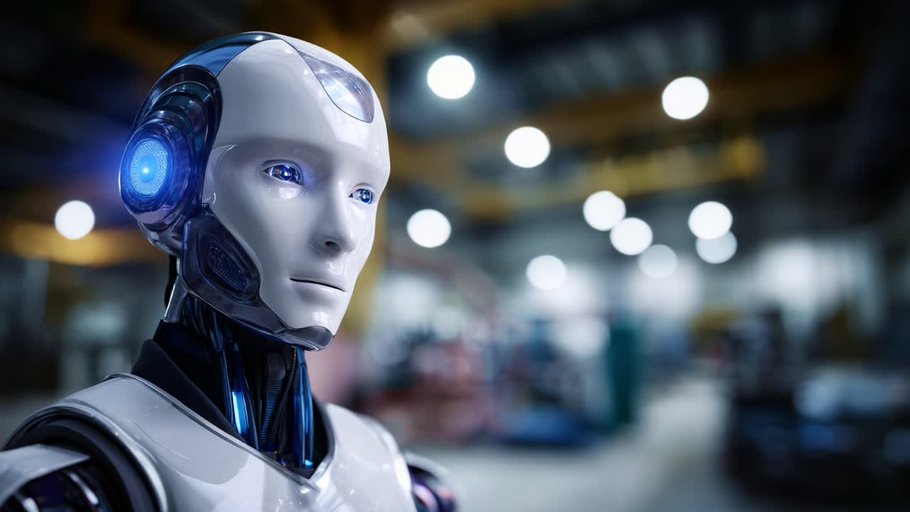 Gelişmiş özelliklere ve parlayan mavi detaylara sahip fütüristik insansı robot, endüstriyel bir ortamda sergileniyor, en son teknolojiyi ve tasarımı gözler önüne seriyor