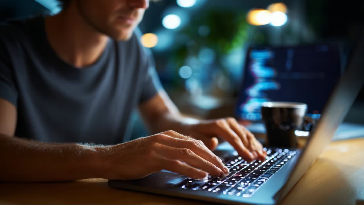 Focused Individual Working Late at Night on Laptop with Coding Screen and Coffee, Highlighting Modern Work Environment and Technology Interaction for Productivity and Creativity Boost