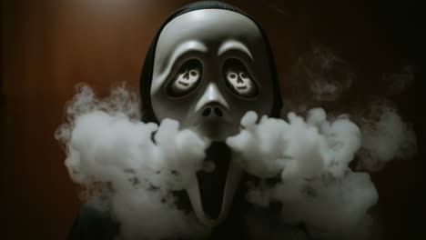 a haunting figure emerges from the shadows, wearing a chilling mask, surrounded by swirling fog, evoking feelings of suspense and fear in a dramatic visual narrative