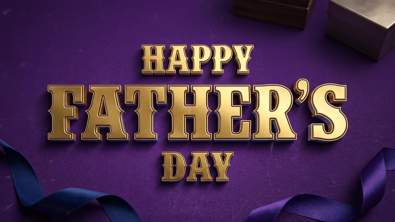 Glædelig Fars Dag Festlig Banneranimation med guldfarvet typografi og luksuriøse æsker på lilla baggrund.