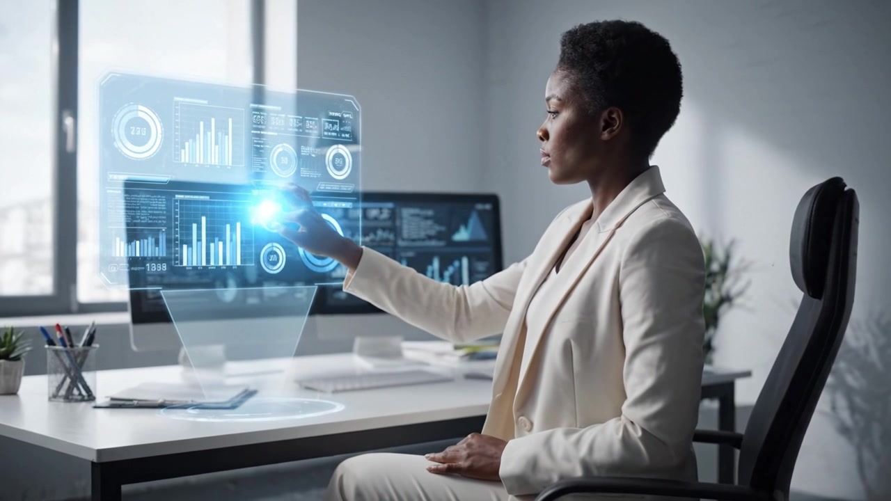 Focused Professional Analyzing Data on Dual Monitors in Modern Office Environment with Interactive Visualizations and Graphs Detailing Performance Metrics.