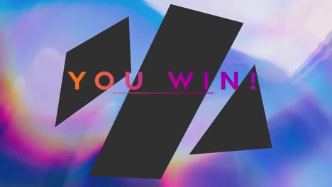 animation of you win text over shapes and purple background