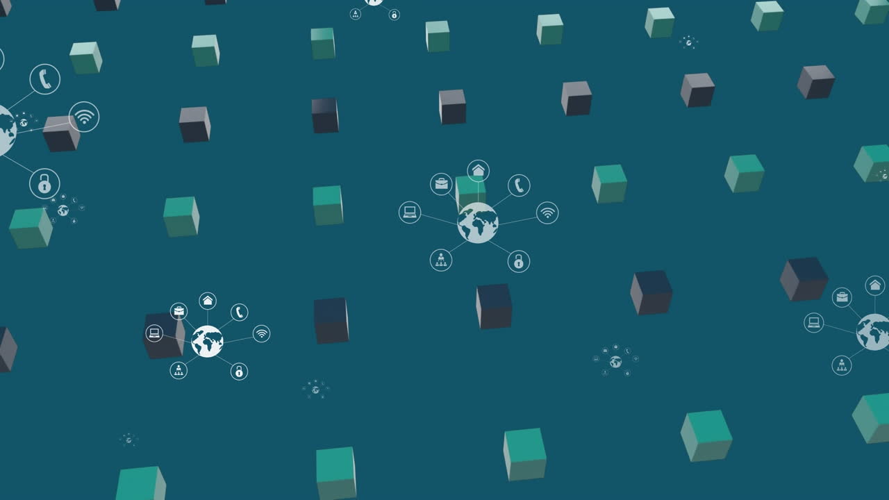 Animation of globe and telecommunication icons over rotating cubes in green space
