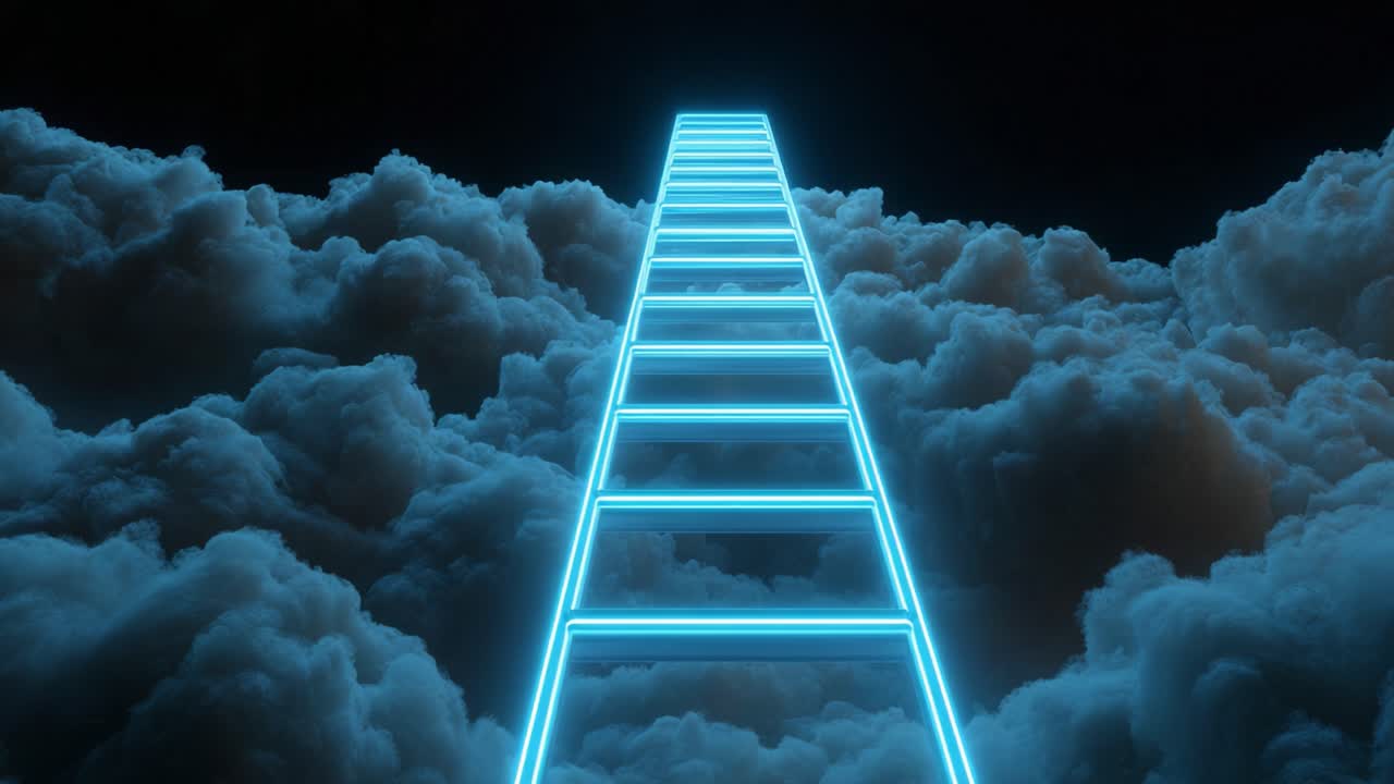 Futuristic neon ladder ascending through a dark, cloudy sky, representing a spiritual journey, career growth, or a pathway to success and limitless opportunities in a surreal, dreamlike setting