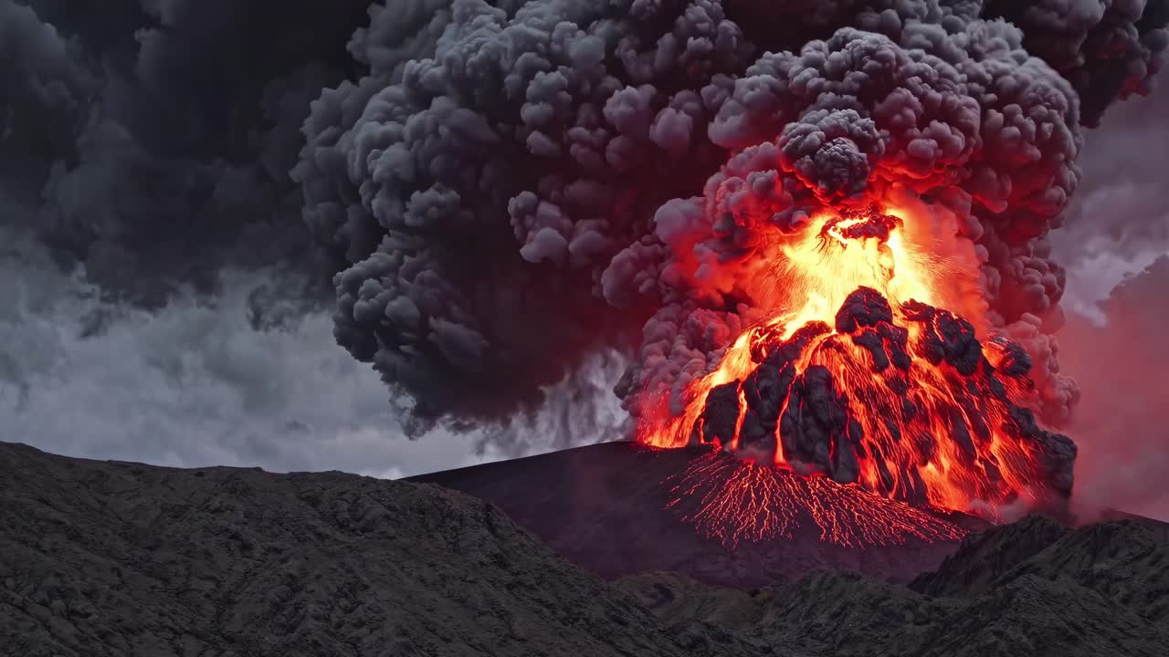 Dramatic wide-angle video capture of a volcanic eruption, showcasing dark smoke and vivid lava