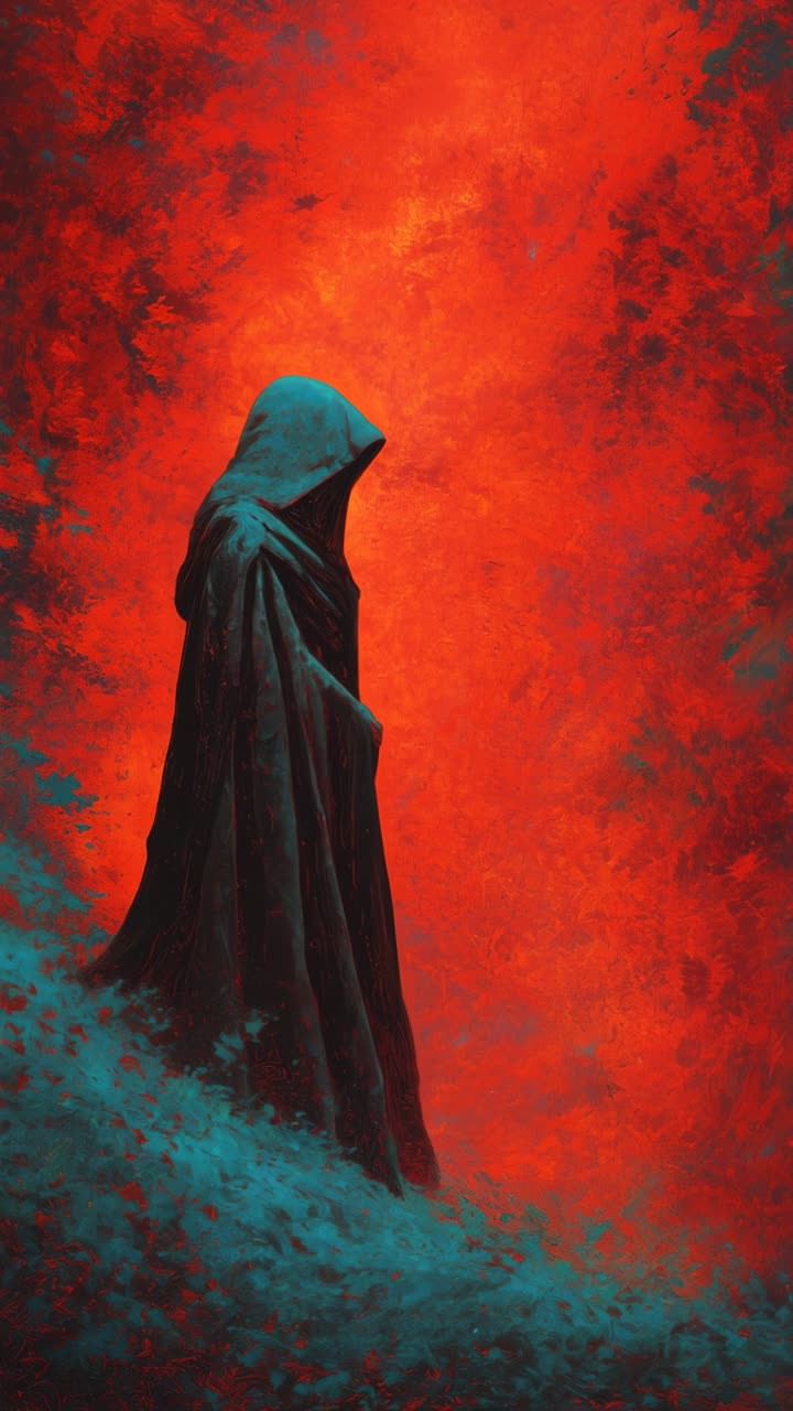 Sosok bertudung misterius di hutan merah cerah, diambil dari sudut pandang samping, membangkitkan nuansa video game fantasi