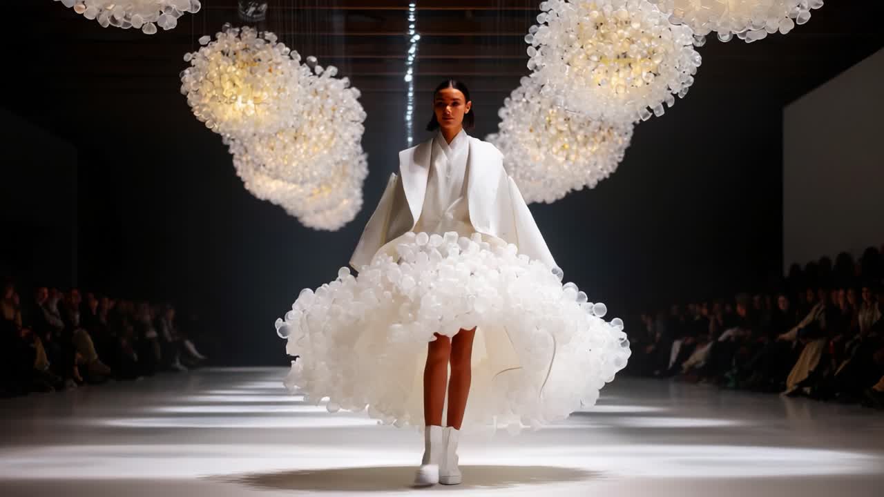 A Stunning Fashion Display: A Model Walks the Runway in a Unique White Dress Adorned with Sculptural Elements, Set Against a Dreamy Background of Artistic Lighting and Spectators