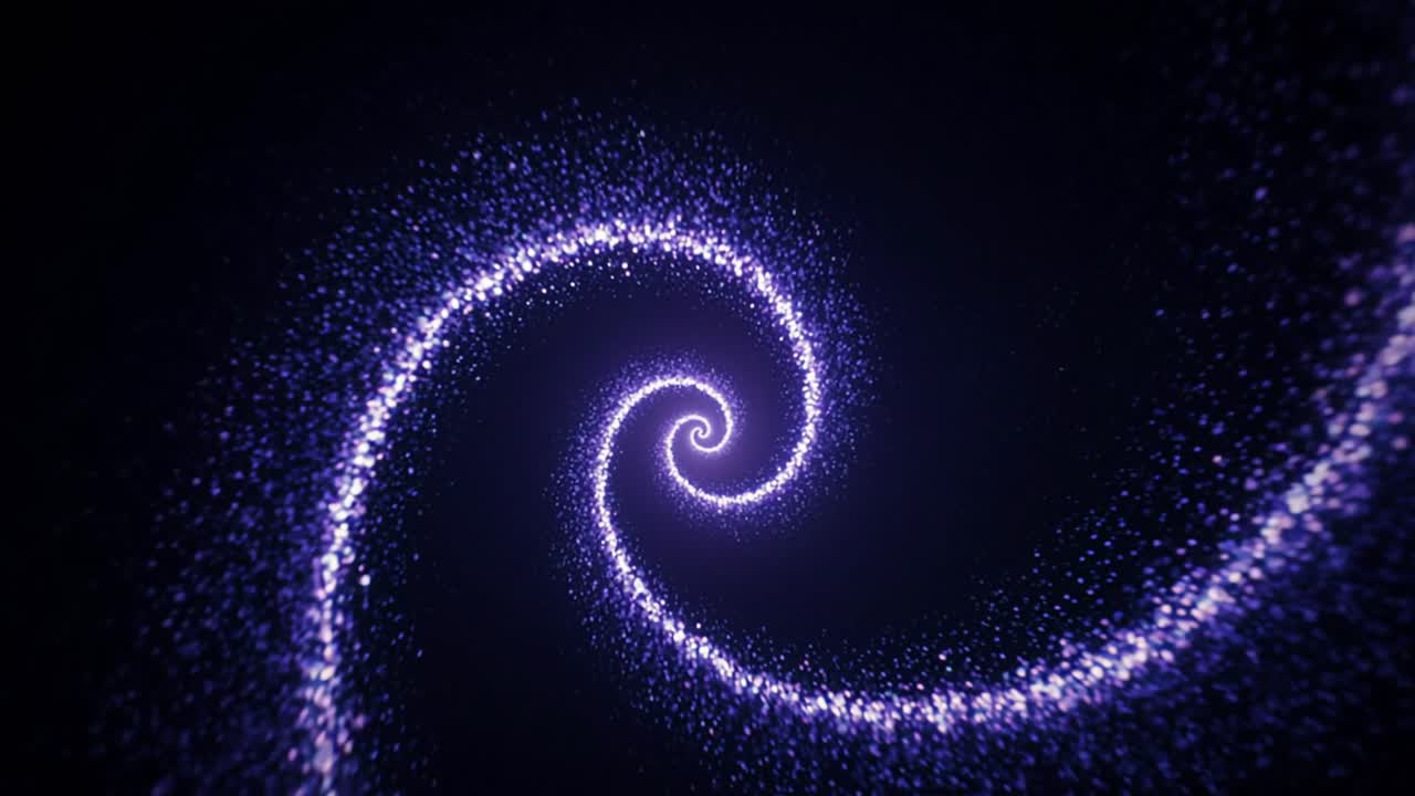 Spirale ipnotica di particelle viola luminose su sfondo nero