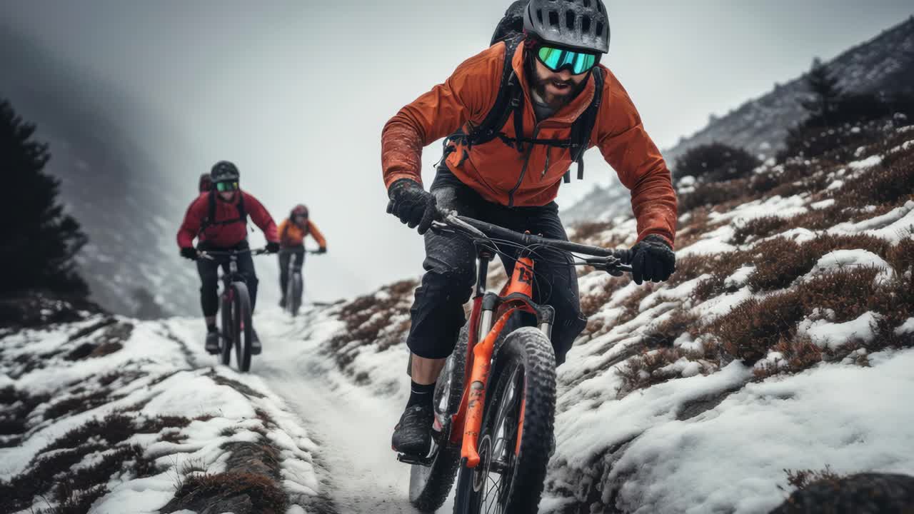 Dynamic video still of cyclists in vibrant gear, captured from a low angle, racing through a snowy