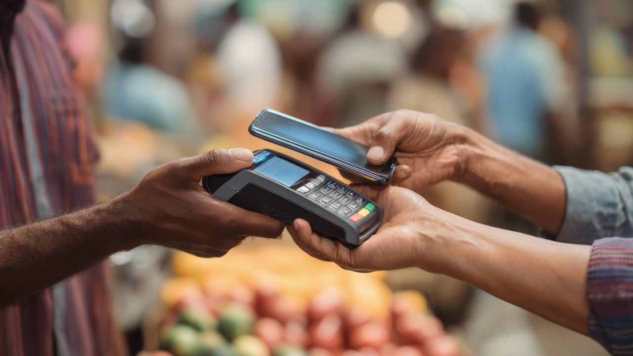 Convenient Mobile Payment Transaction at a Market: Demonstrating Seamless Financial Technology in Everyday Shopping