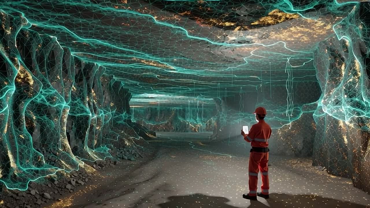 Technological exploration in a mining cave with glowing visuals