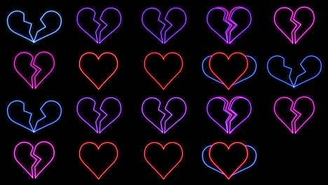 la secuencia de corazones de neón rotos se revela con un bucle