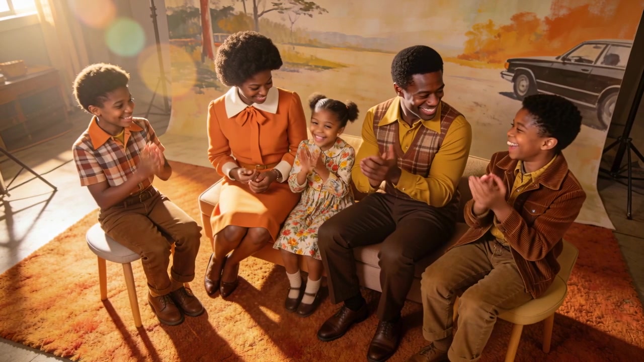 Smiling family in retro clothes following father's gesture, laughing on studio set with shag rug