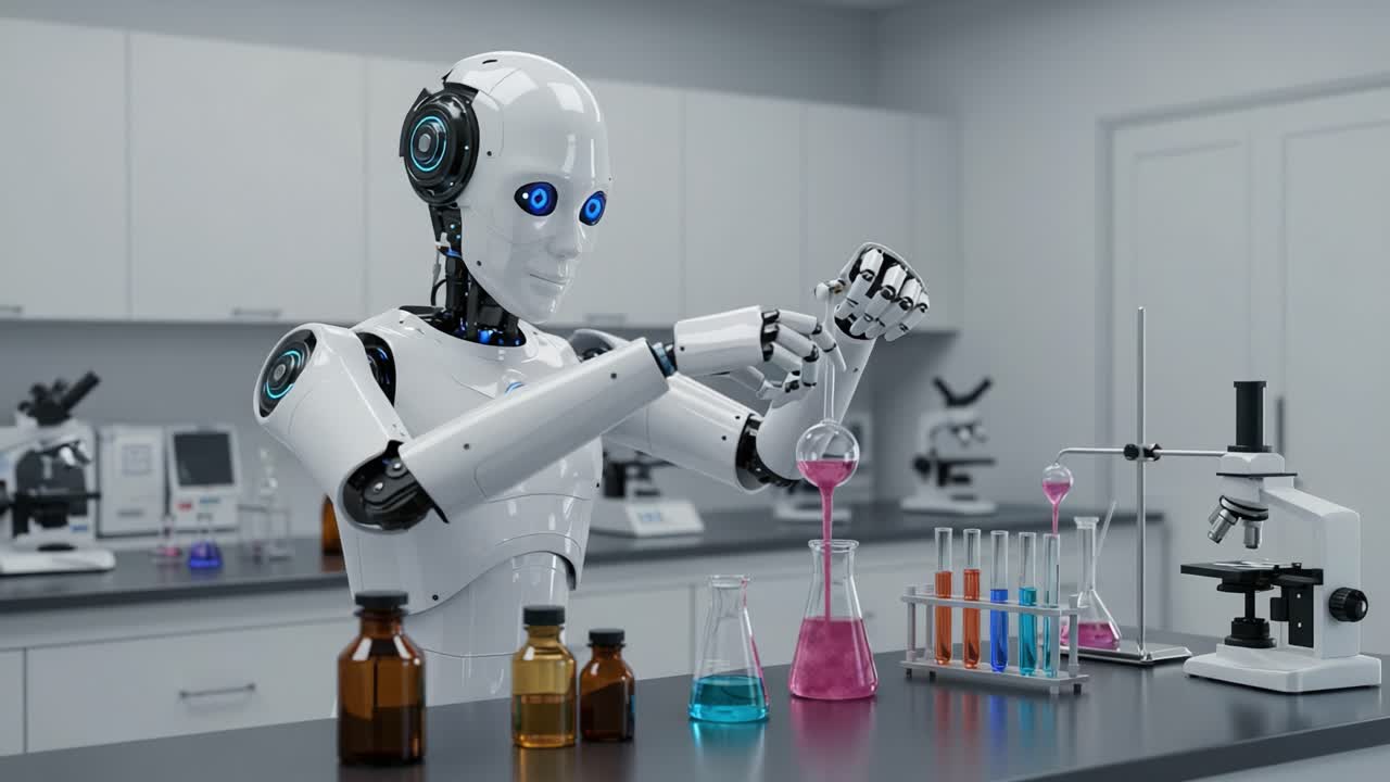 A futuristic robotic scientist diligently conducts experiments in a modern laboratory, showcasing advanced technology and precise chemical reactions using colorful solutions