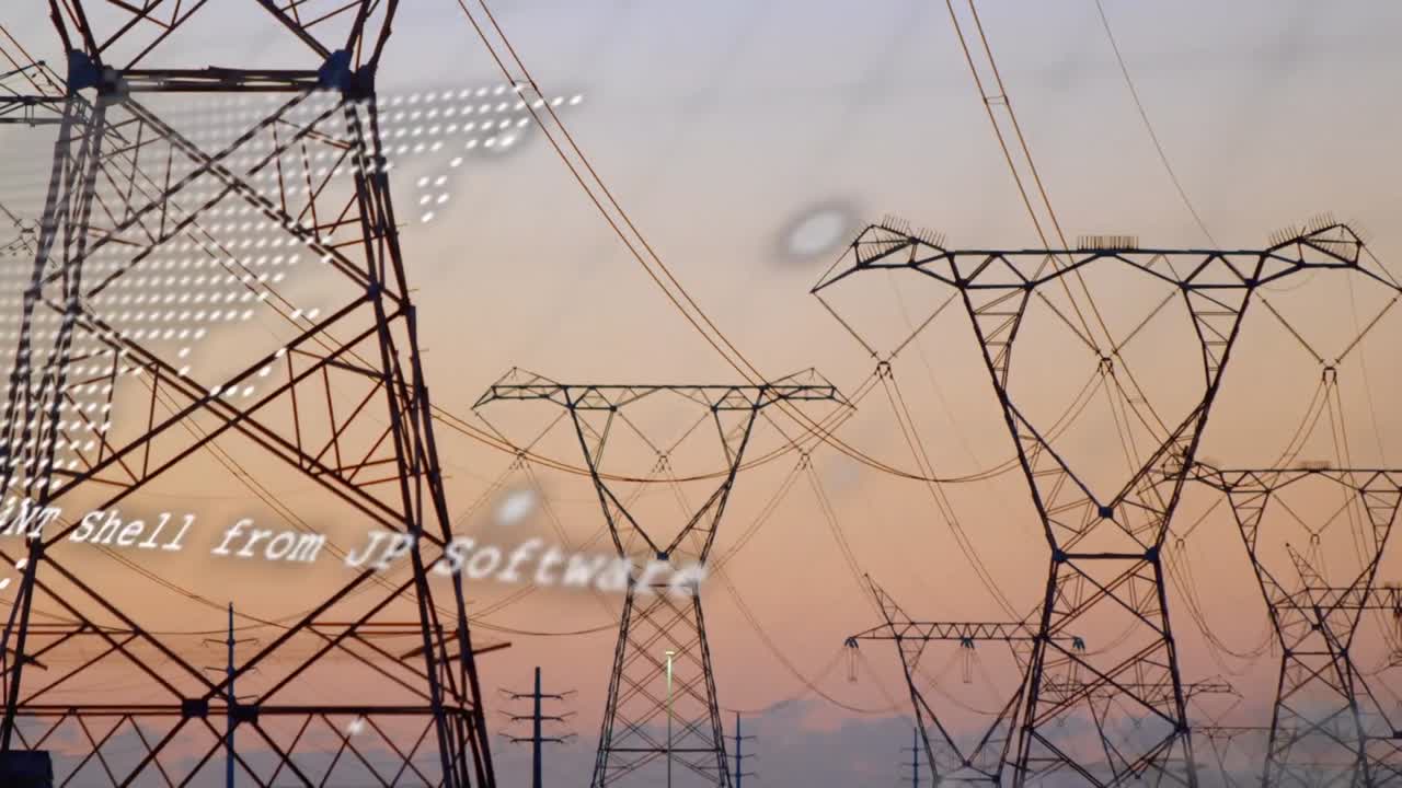 Animation of data processing and world dmap over electricity pylons