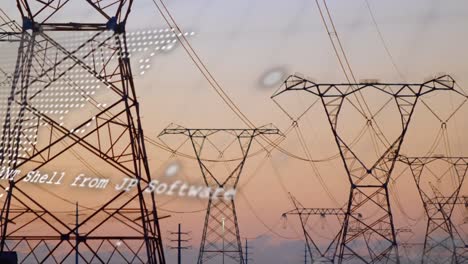 Animation-of-data-processing-and-world-dmap-over-electricity-pylons