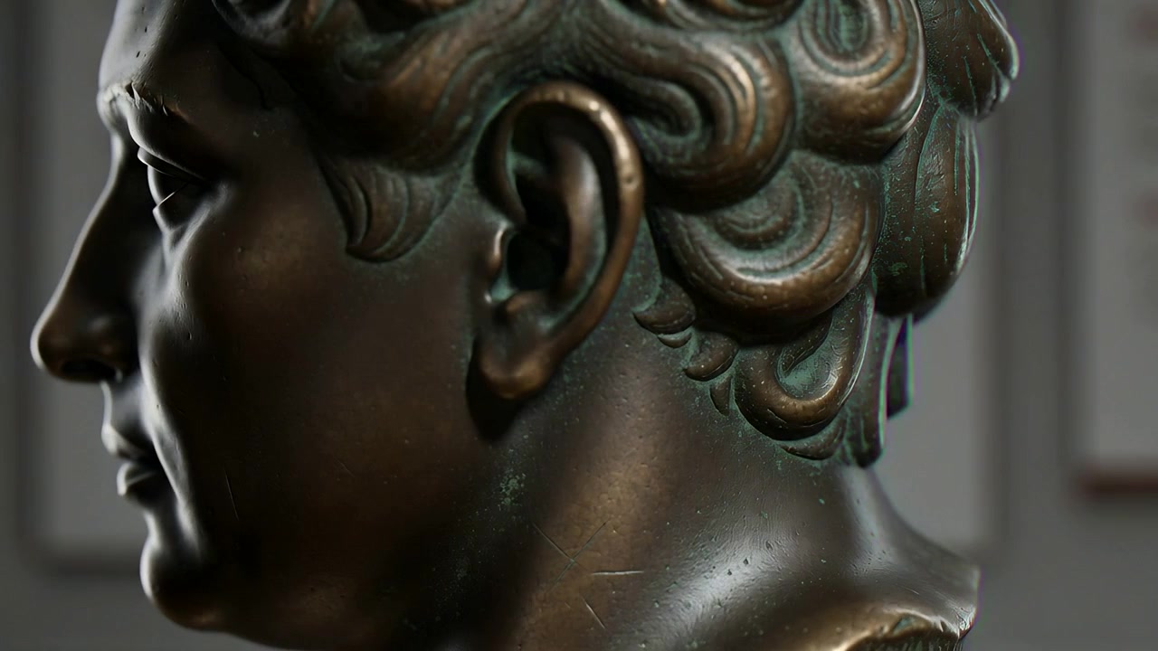 ギャラリーでブロンズの肖像彫刻をパン撮影し、その緑青と彫刻のフォルムを映し出す