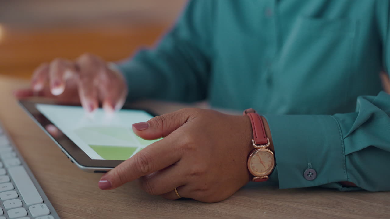 Tablet screen, charts and woman hands for market