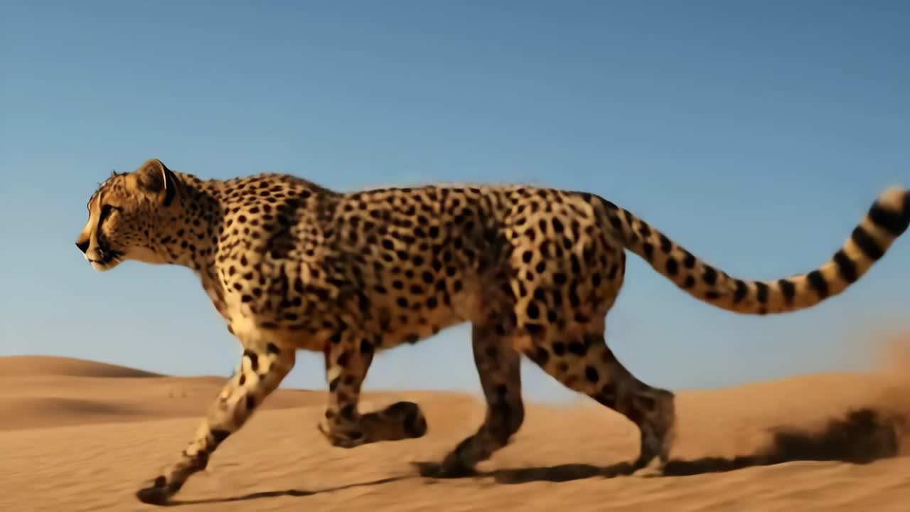 Dynamic video still of a cheetah sprinting across a desert