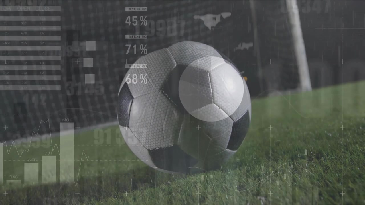 Animation of financial data processing over football player kicking ball