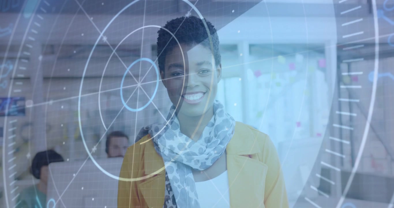 Woman entering office center, radar overlay sweeping over yellow blazer, smiling for marketing