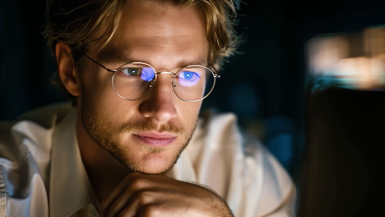 Contemplative Young Man with Glasses Deep in Thought, Focusing on Screen During Late Evening, Illuminated by Soft Ambient Light in a Cozy Room