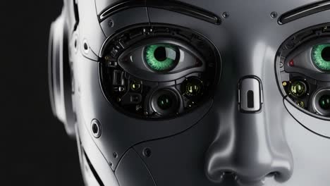 a close-up exploration of a futuristic robotic face with intricate mechanical features and striking green eyes, capturing the essence of advanced artificial intelligence technology