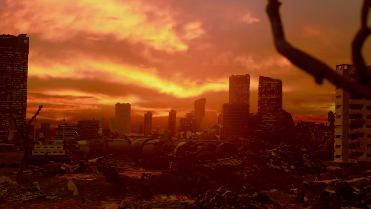 edificios abandonados demolidos de la ciudad, después de la guerra, hora de la puesta del sol