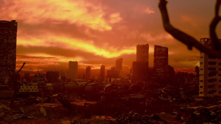 Deserted Demolished City Buildings, After War, Sunset Time