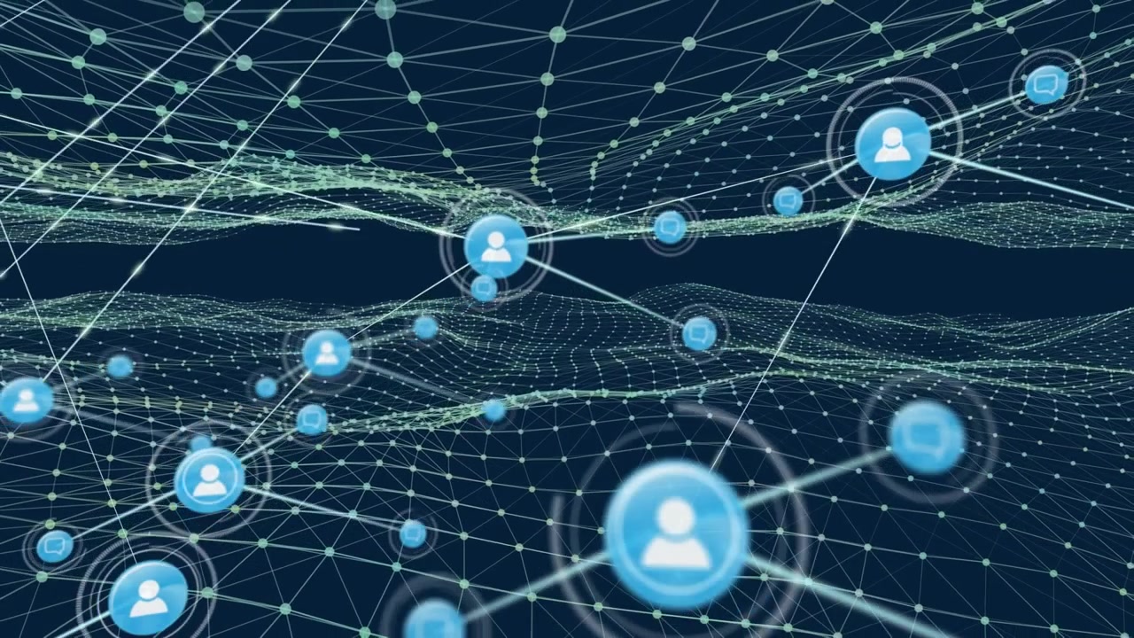 Animation of network of digital icons over digital wave against blue background