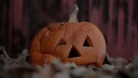 medium time-lapse of a jack-o-lantern as it rots and slowly collapses