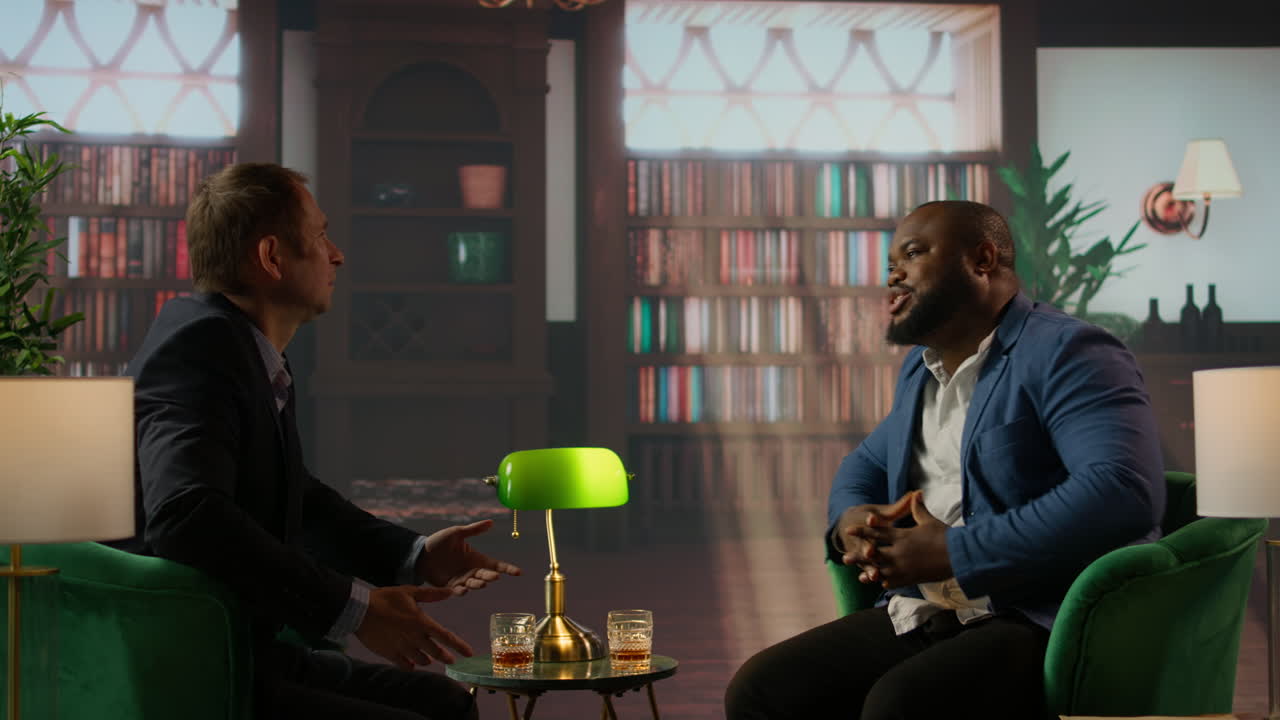 Billionaires engaged in an intense discussion sipping scotch