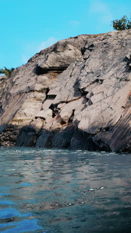 rocky shore with calm water and blue sky