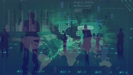 Animación-De-Datos-Financieros-Y-Gráficos-Sobre-Pantalla-Digital-Verde-Con-Mapa-Mundial-Y-Personas