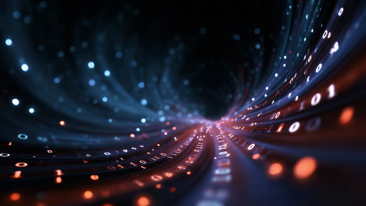 Exploring the Digital Abyss: A Journey through a Dynamic Tunnel of Binary Code Illuminated by Glowing Data Points Representing Modern Technology's Underlying Structures and Connections