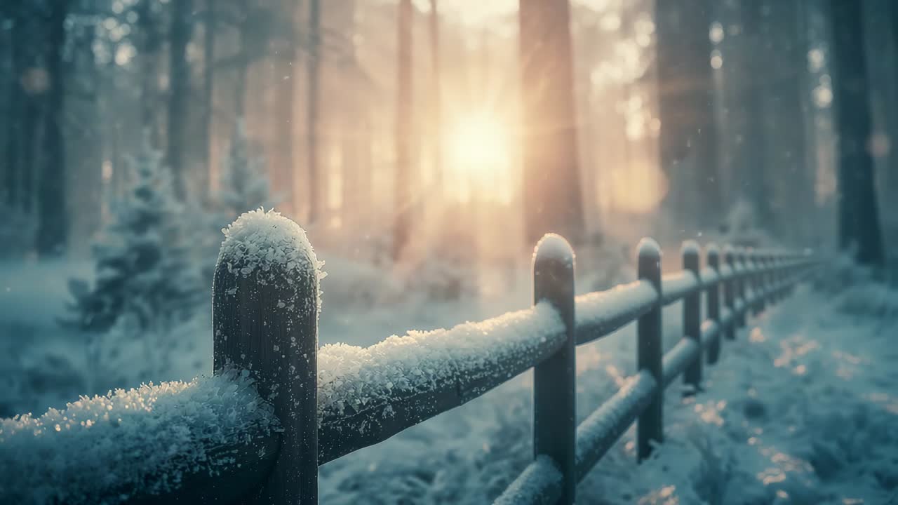 Sun rays rising and filtering in pine forest casting golden glow on rail fence, swirling snowflakes