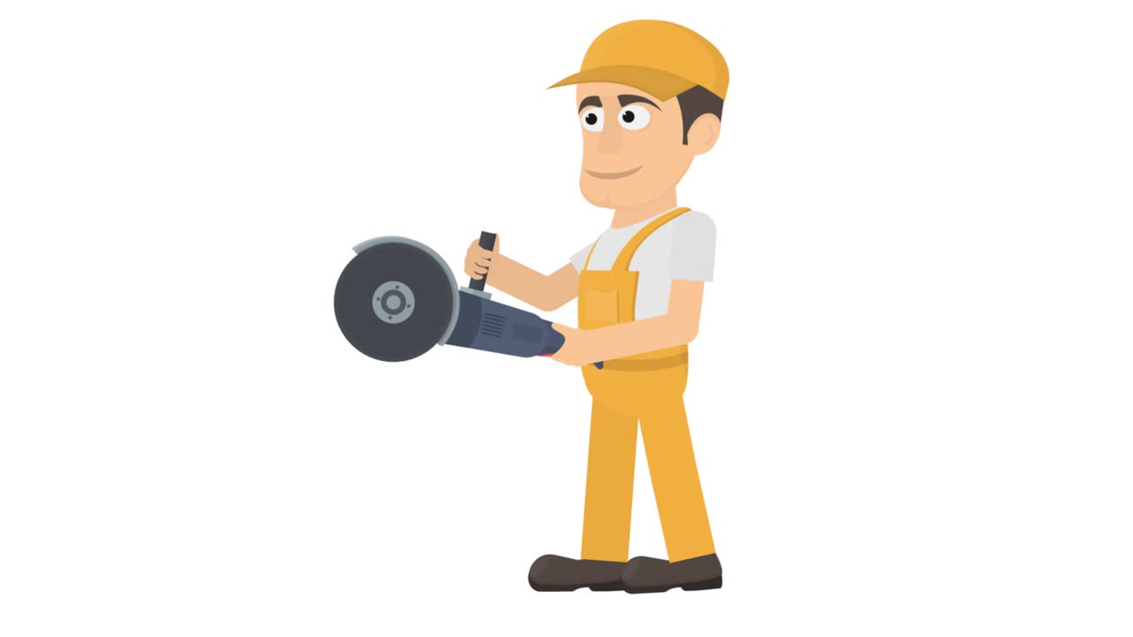 Animation of a repairman with an angle grinder. Cartoon