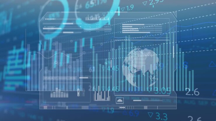 Animation of interface with statistical and stock market data processing against blue background