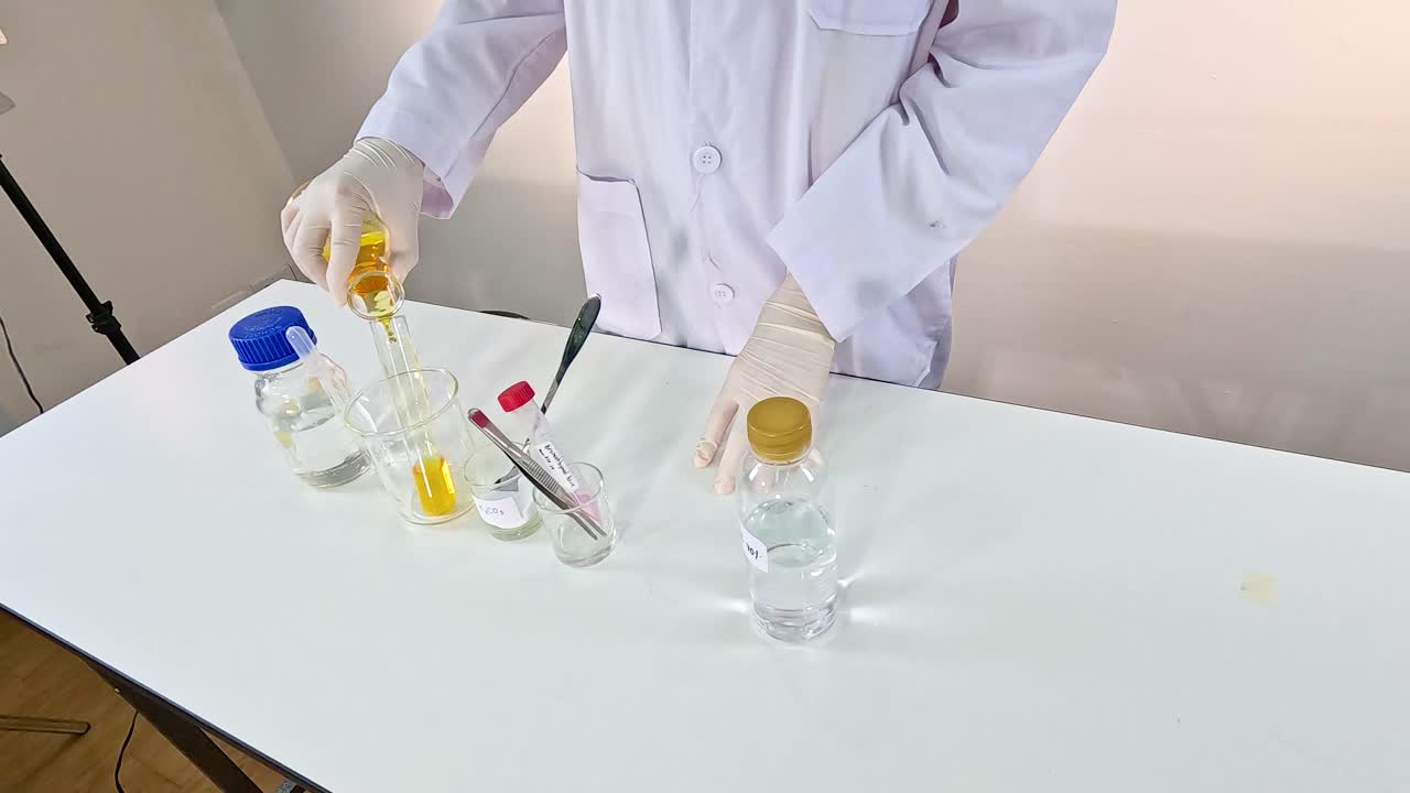 A scientist conducts a bromothymol blue experiment, showcasing color changes in a lab setting with precise movements and clear lighting