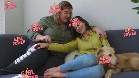 animation of girl power text over two woman siting on the sofa