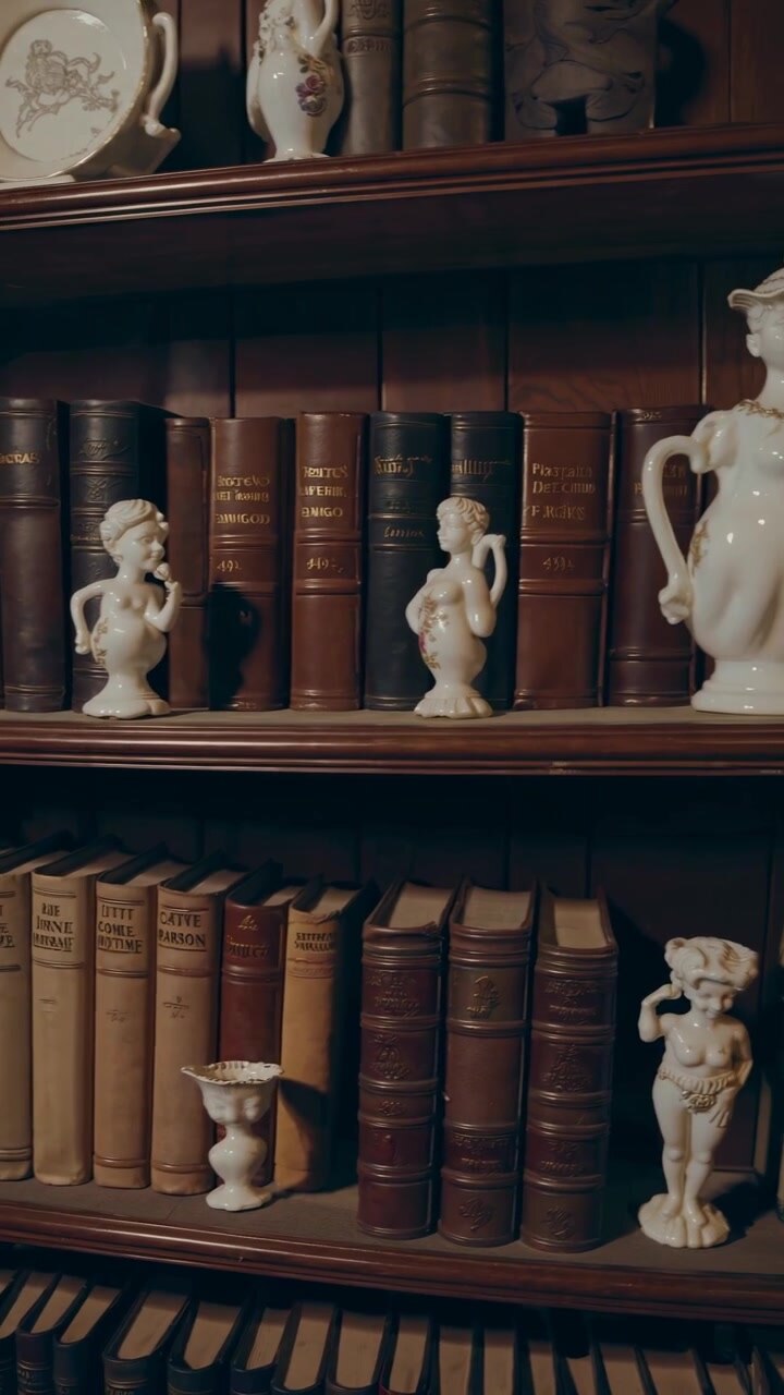 Antique Books and Porcelain Figurines on Wooden Library Shelves