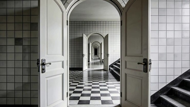Zooming camera revealing white doors framing arched corridor with checker floor showing depth