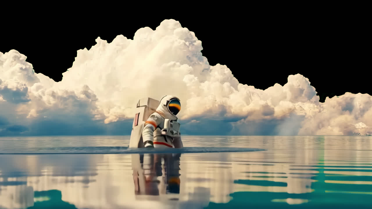 Astronauta esplora paesaggio acquatico surreale con sovrapposizione animata, video 4K trasparente, canale alfa.