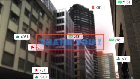 Animación-De-Texto-De-Agradecimiento-Y-Números-Que-Crecen-Sobre-El-Paisaje-Urbano