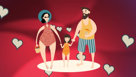 animación de ilustración de padres y hija felices en vacaciones tomados de la mano, con corazones blancos