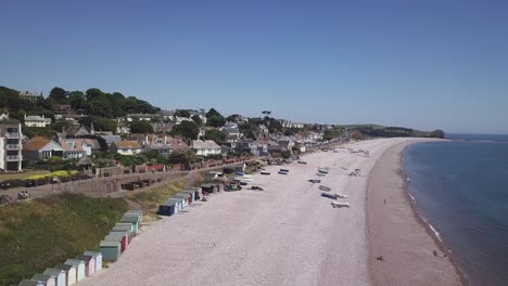 An-aerial-view-of-the-beautiful-pebble-beaches-of-Budleigh-Salterton,-a-small-town-on-the-Jurassic-Coast-in-East-Devon,-England-near-Exeter