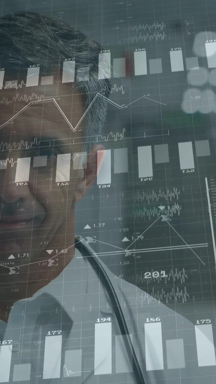 Vertical video: Dr reviewing clipboard while medical charts overlaying stethoscope, tracking trends