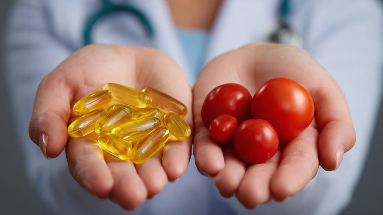 Visualizzazione comparativa di integratori alimentari e pomodori freschi: esplorare le scelte nutrizionali per salute e benessere