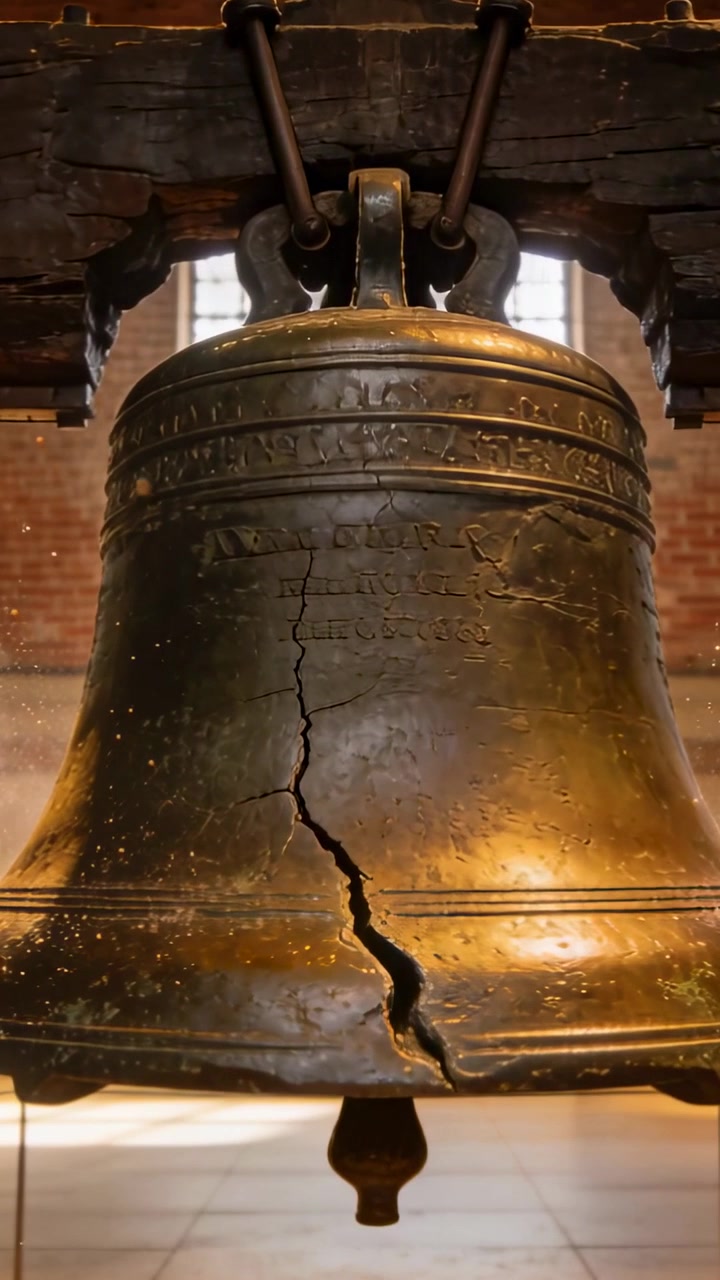 Video verticale: Telecamera panoramica che mostra il batacchio e il giogo incrinati di una campana di bronzo in un museo per studio.