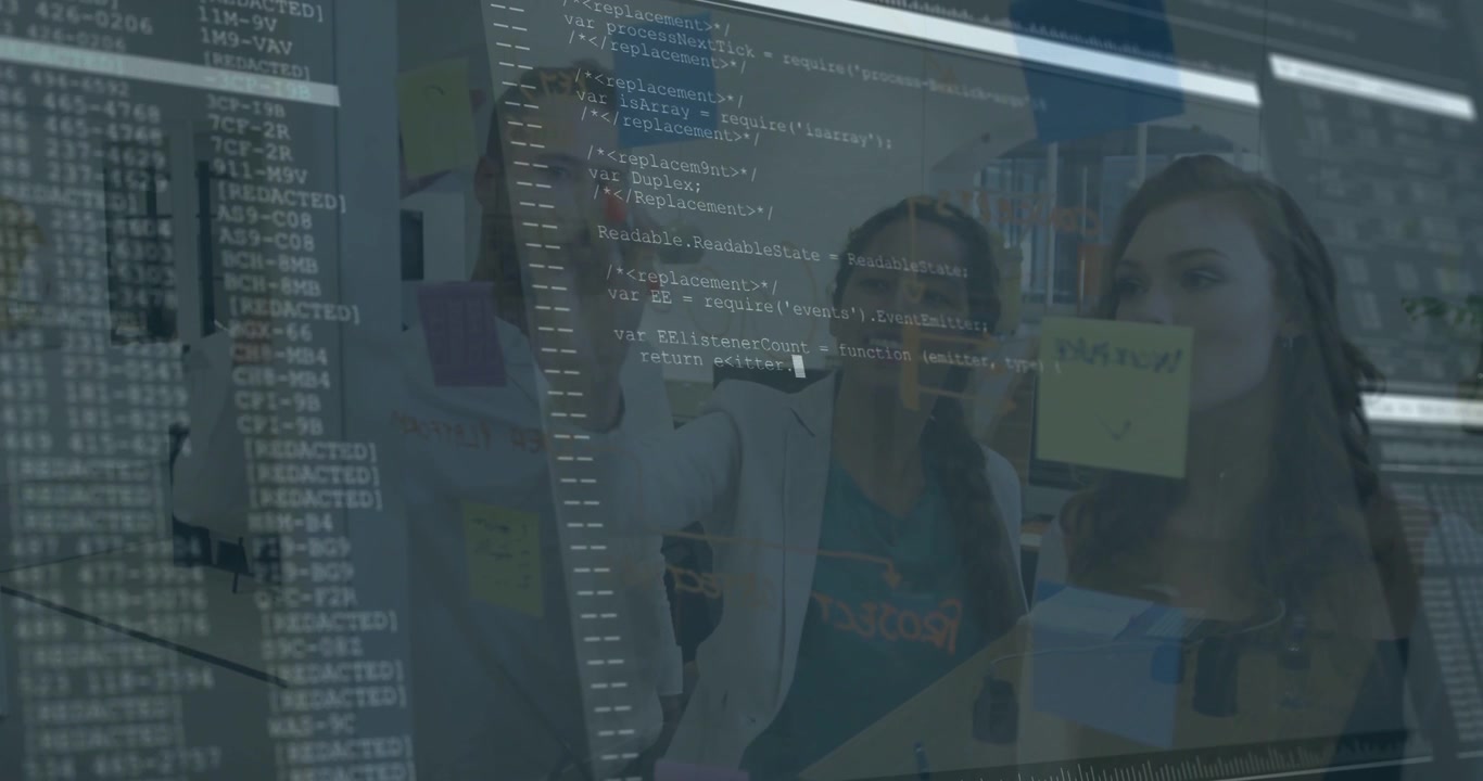 Writing as center woman marking glass with reflected code in office, team moving post-its to plan